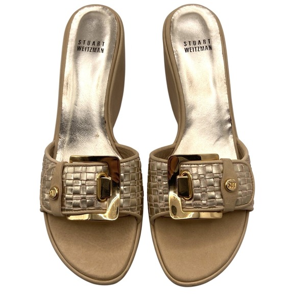 Stuart Weitzman Shoes - Stuart Weitzman Woven Leather Wedge Slide Sandals Tan Gold HW Size 8.5